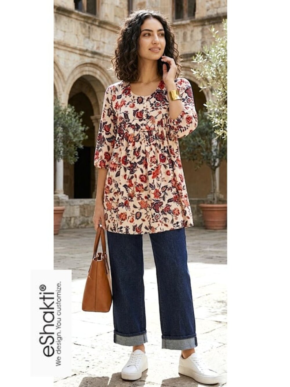 (3 for $30) eSHAKTI - Red floral print puff sleeve lightweight blouse